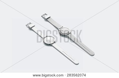 Blank White Lying Watch With Wristlet Mockup, Isolated, Side View, 3d Rendering. Empty Minimalistic 