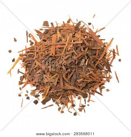 Heap of Lapacho tea or Taheeboo isolated on white background