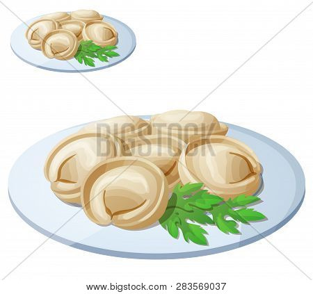 Pelmeni Meat Dumplings. Cartoon Vector Icon Isolated On White Background. Series Of Food And Drink A