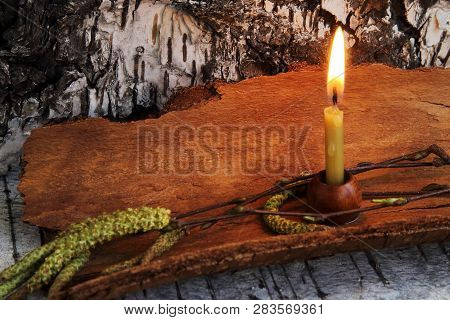 Burning Candle As Symbol Of Resurgent Life With Sprigs Of Birch On Piece Of Old Rough Oak Bark Again