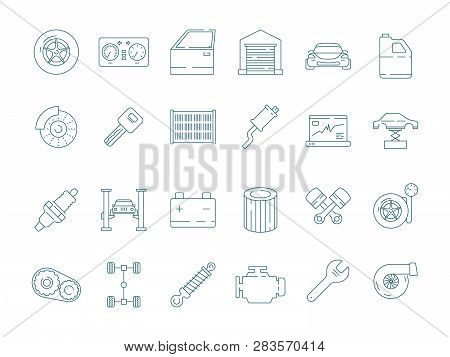 Auto Service Icon. Automotive Mechanic Car Parts Engine Gearbox Engine Oil Filter Vector Thin Line P