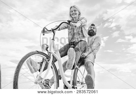 Bike Rental Or Bike Hire For Short Periods Of Time. Couple With Bicycle Romantic Date Sky Background