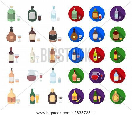 Types Of Alcohol Cartoon, Flat Icons In Set Collection For Design. Alcohol In Bottles Vector Symbol 