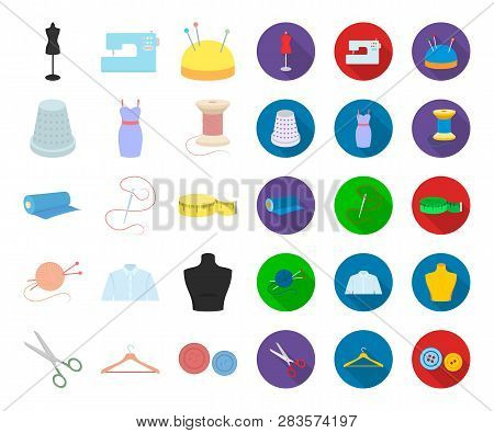 Atelier And Sewing Cartoon, Flat Icons In Set Collection For Design. Equipment And Tools For Sewing 