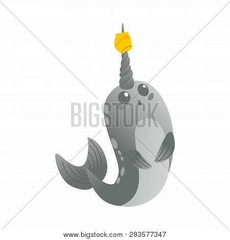 Vector Cute Narwhal Character With Horn Flat Icon