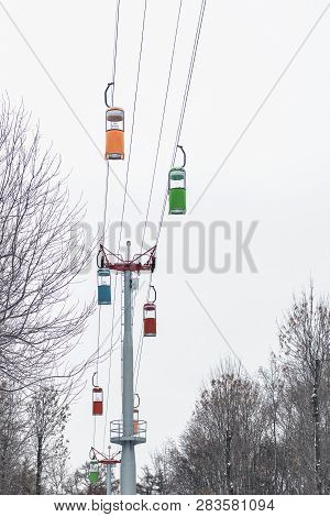 Group Of Cable Cars In The Air, Winter Season