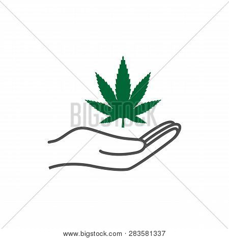 Cannabis, Marijuana Leaf In Hand Icon. Vector Illustration, Flat Design.