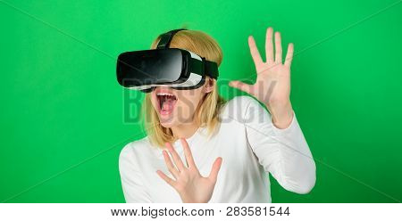 Young Woman Using A Virtual Reality Headset With Conceptual Network Lines. Funny Woman Experiencing 
