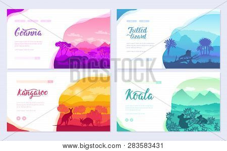 Australian Animals In The Natural Habitat On Brochure. Colorful Flyers With Wildlife In Nature. Temp