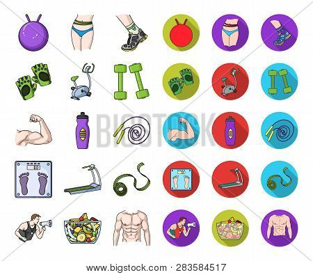 Fitness And Attributes Cartoon, Flat Icons In Set Collection For Design. Fitness Equipment Vector Sy