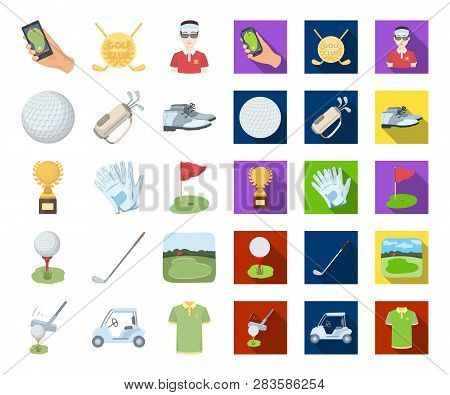 Golf And Attributes Cartoon, Flat Icons In Set Collection For Design.golf Club And Equipment Vector 