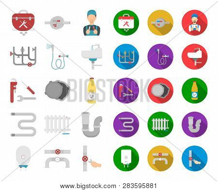 Plumbing, Fitting Cartoon, Flat Icons In Set Collection For Design. Equipment And Tools Vector Symbo