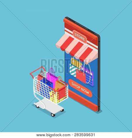 Falt 3d Isometric Online Store On Smartphone With Cart And Shopping Bag. Online Shopping Concept.