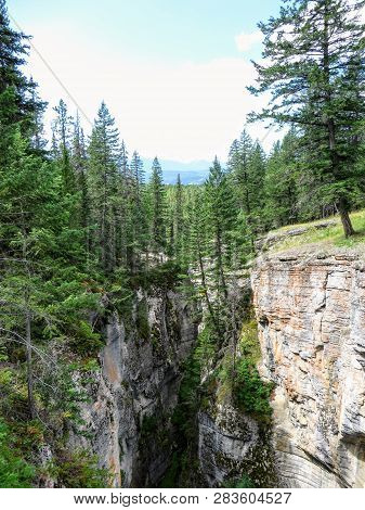 An Interesting And Unique View Of Johnstone Canyon In Banff National Park, Alberta, Canada.  The Can