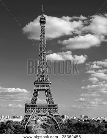 Eiffel Tower Symbol Of Paris In France In Black And White With Many Clouds