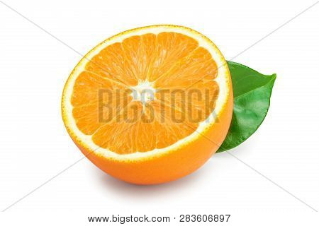 Orange Fruit Half With Leaves Isolated On White Background