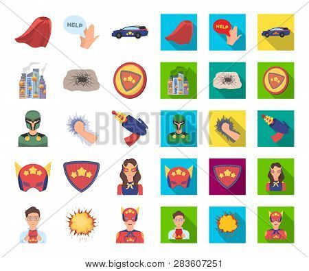 A Fantastic Superhero Cartoon, Flat Icons In Set Collection For Design. Superheros Equipment Vector 