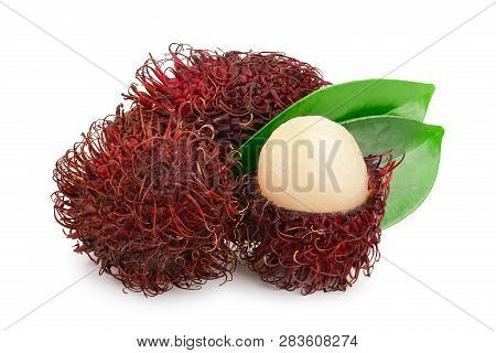 Rambutan With Leaves Isolated On White Background. Tropical Fruit. Nephelium Lappaceum