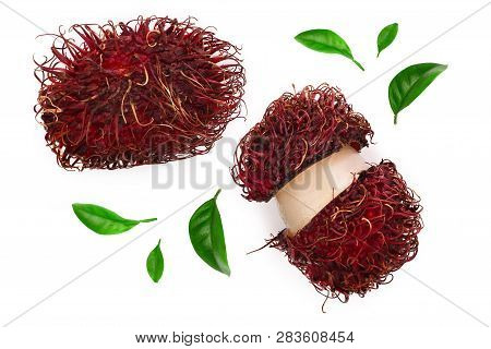 Rambutan With Leaves Isolated On White Background. Tropical Fruit. Nephelium Lappaceum. Top View. Fl