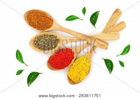 Mix Of Spices In Wooden Spoon Isolated On A White Background. Top View. Flat Lay. Set Or Collection