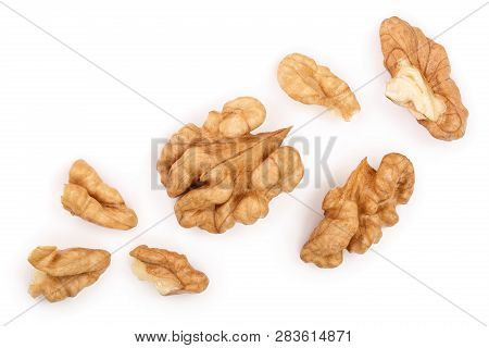Peelled Walnuts Isolated On White Background With Copy Space For Your Text. Top View. Flat Lay