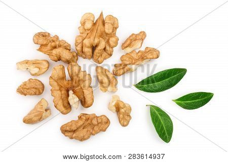 Peelled Walnuts With Leaves Isolated On White Background. Top View. Flat Lay