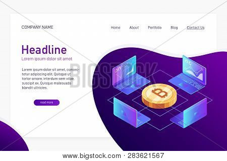 Concept Of Web Site Main Page, Landing Page With Isometry. Isometric Concept Of Mining Bitcoin Using