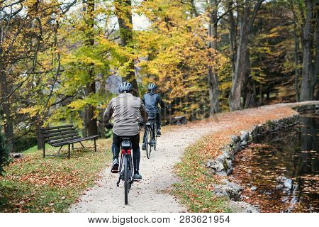 A Rear View Of Senior Couple With Electrobikes Cycling Outdoors In Park.