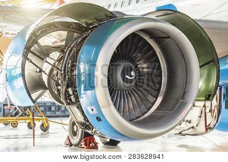 Turbine Engine Jet Of Aircraft With Open Hoods, View Of The Engine Mechanism