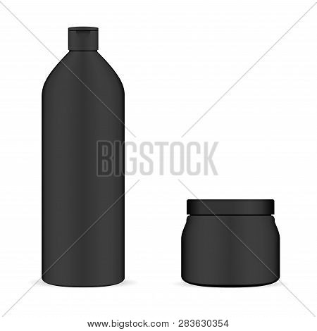 Set Of Black Cosmetic Packaging. Bottle And Jar.