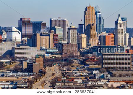Cincinnati - Circa February 2019: Downtown Cincinnati Skyline. Cincinnati Is Known For The Reds, Ben