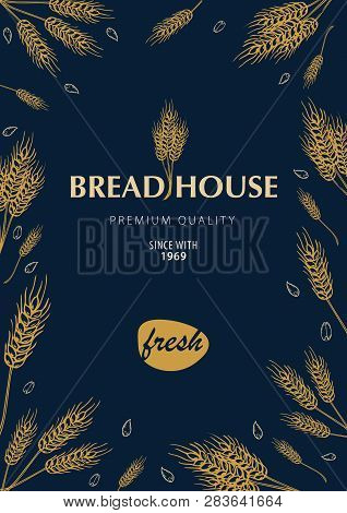 Bakery Background With Wheats. Linear Graphic. Bread Banner Collection. Bread House. Vector Illustra