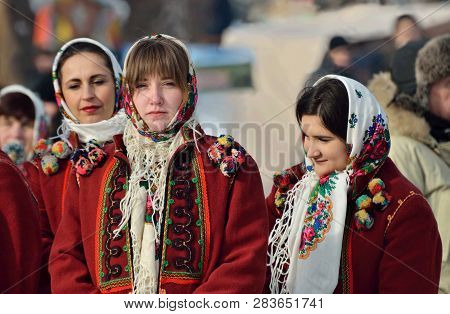 Chernivtsi,bukovina,ukraine - January 13, 2019: Young Hucul Woman Performs Malanka Song During Ethni
