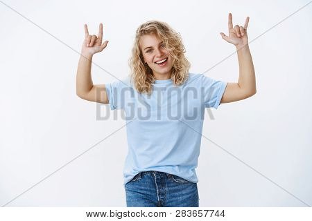 Rock This Party Up. Portrait Of Excited And Cool Good-looking Blonde Young Woman Having Fun Dancing 
