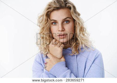 Shy And Tender Lovely European Woman With Short Blond Haircut And Blue Eyes Sqeez Hand And Leaning F