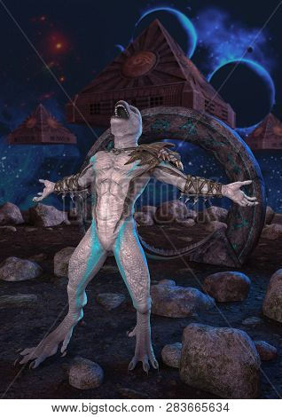 An Albino Reptilian Screaming In An Unknown Planet With Pyramids Flying Behind Him. 3d Illustration.