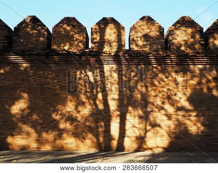 Brick Wall Strusture With Tree Shadow Over Clear Blue Sky Background.