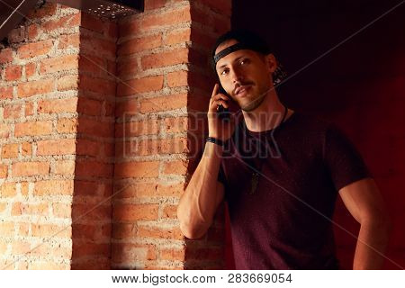 Modern Gadgets, Technologies, Online Communication Concept. Good Looking Happy Guy With Stubble Rela
