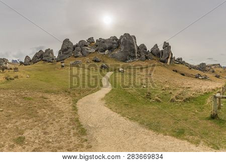 The Castle Hill Conservation Area or  Kura Tawhiti, Arthur's pass, Limestone rock formations, Southern Alps, South island, New Zealand