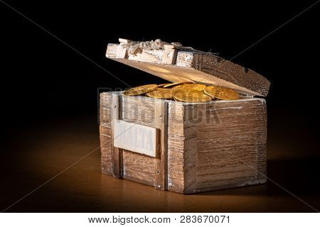 Shiny Gold Coins (austrian Ducats) In A Small Wooden Treasure Box