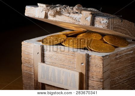 Shiny Gold Coins (austrian Ducats) In A Small Wooden Treasure Box