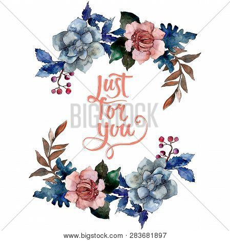 Peony And Succulent Bouquet Floral Flower. Watercolor Background Illustration Set. Frame Border Orna