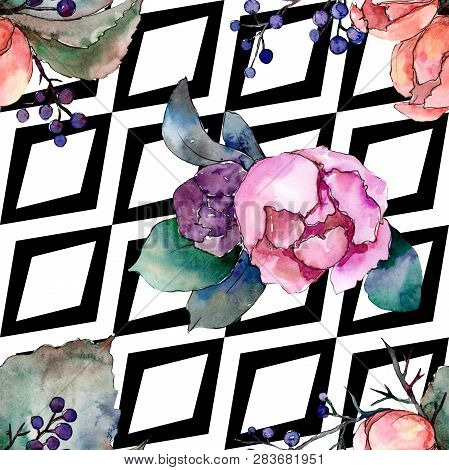 Peony And Succulent Bouquet Floral Flower. Watercolor Background Illustration Set. Seamless Backgrou