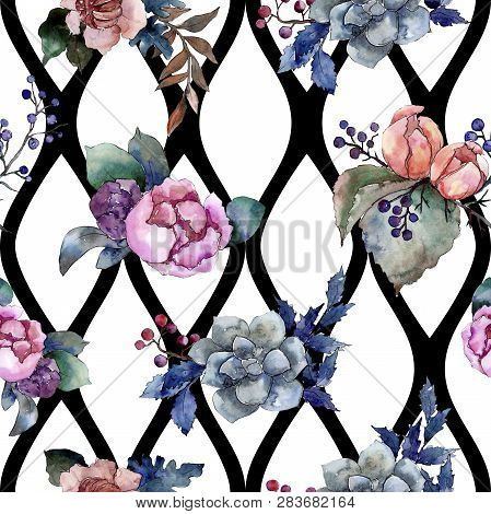 Peony And Succulent Bouquet Floral Flower. Watercolor Background Illustration Set. Seamless Backgrou