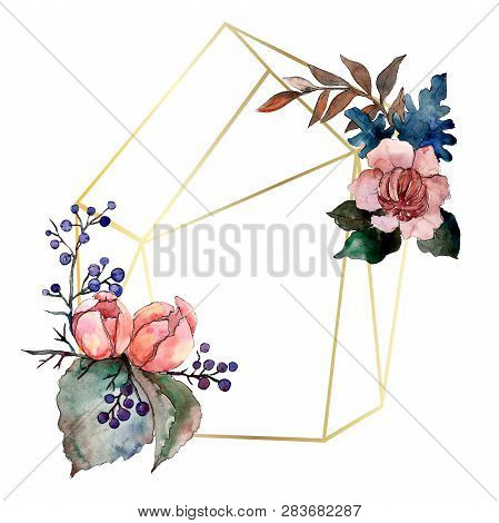 Peony And Succulent Bouquet Floral Flower. Watercolor Background Illustration Set. Frame Border Orna