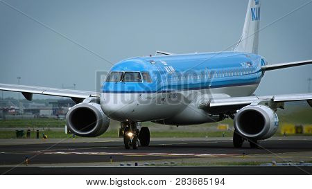 Amsterdam, Netherlands - July 26, 2017: Close Up Of Embraer Erj-190std Ph-exa Of Klm Airlines Ride A
