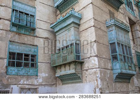 Old City In Jeddah Saudi Arabia Known As Historical Jeddah. Old And Heritage Windows And Doors In Je