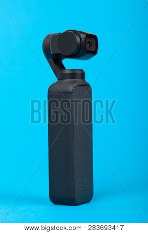 Varna, Bulgaria - December 28, 2018: Newly Released Dji Osmo Pocket On Blue Background. Osmo Pocket 