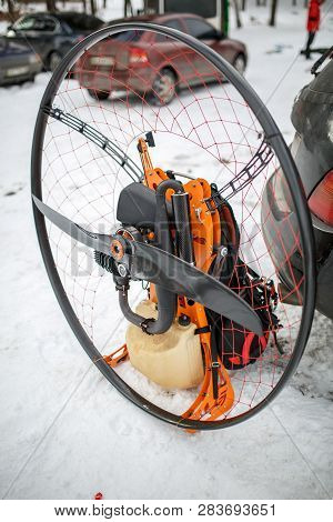 Paramotor Engine For Paragliding On The Snow.