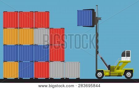 Crane Lifting Up Container In Yard. Flat And Solid Color Design